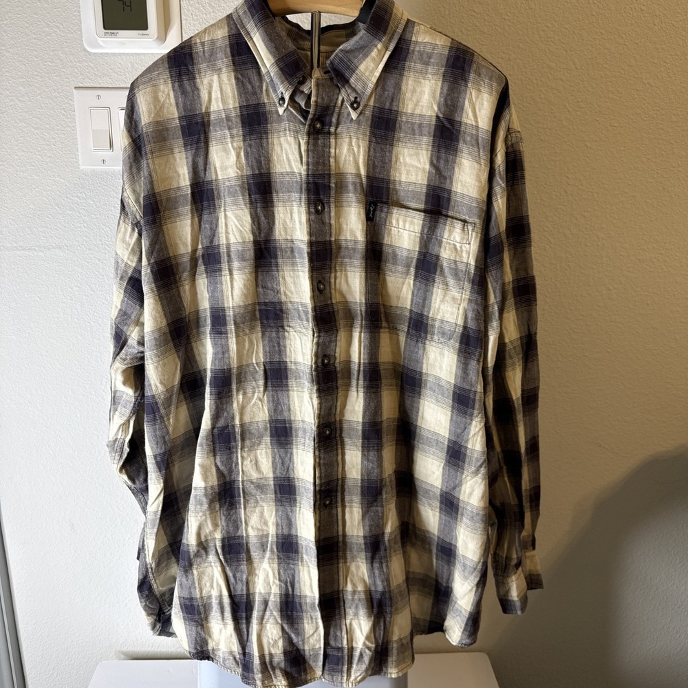 Izod Men's‎ Button Up Long Sleeve Casual Relaxed Blue & Tan Plaid Size XL